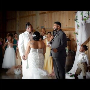 Wedding dress: blinged top flow into layered ruffles